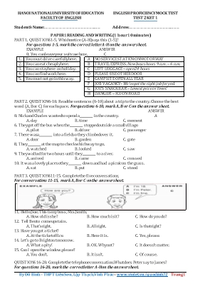 Đề kiểm tra môn Tiếng Anh Lớp 10 - Đề 2 - Đỗ Bình